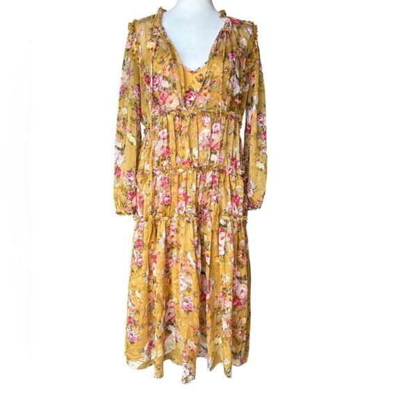 OPT Anthropologie Felicity Floral Tie Neck Midi Dress Size Medium Yellow Orange - Picture 2 of 15